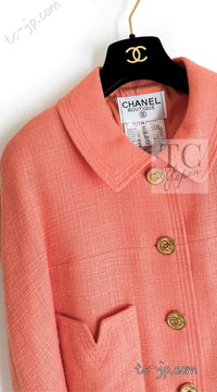 CHANEL 91C Vintage Apricot Gold Button Cotton Jacket Dress Setup 34 36 38 シャネル ヴィンテージ アプリコット CC ゴールド ボタン コットン ジャケット ワンピース セットアップ 即発