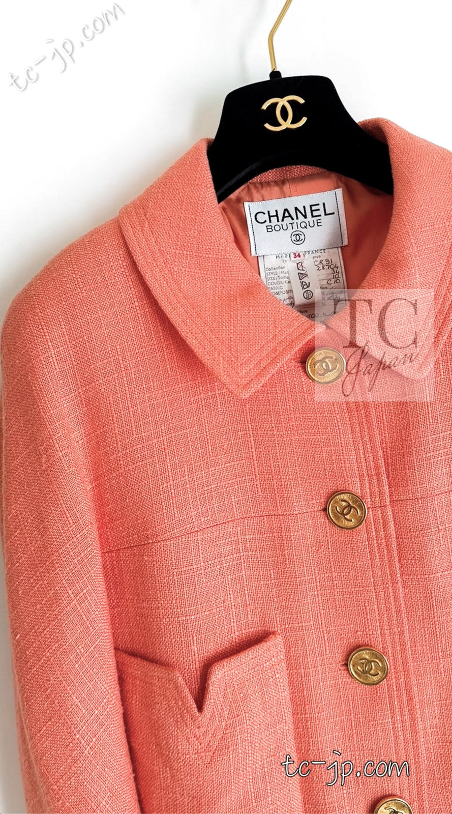 CHANEL 91C Vintage Apricot Gold Button Cotton Jacket Dress Setup 34 36 38 シャネル ヴィンテージ アプリコット CC ゴールド ボタン コットン ジャケット ワンピース セットアップ 即発
