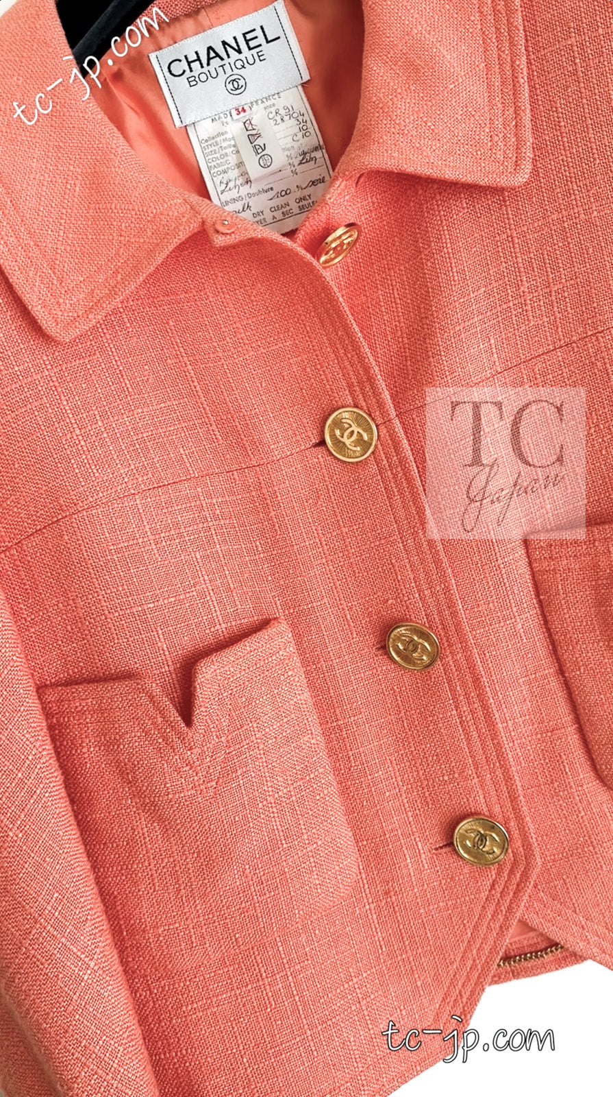 CHANEL 91C Vintage Apricot Gold Button Cotton Jacket Dress Setup 34 36 38 シャネル ヴィンテージ アプリコット CC ゴールド ボタン コットン ジャケット ワンピース セットアップ 即発