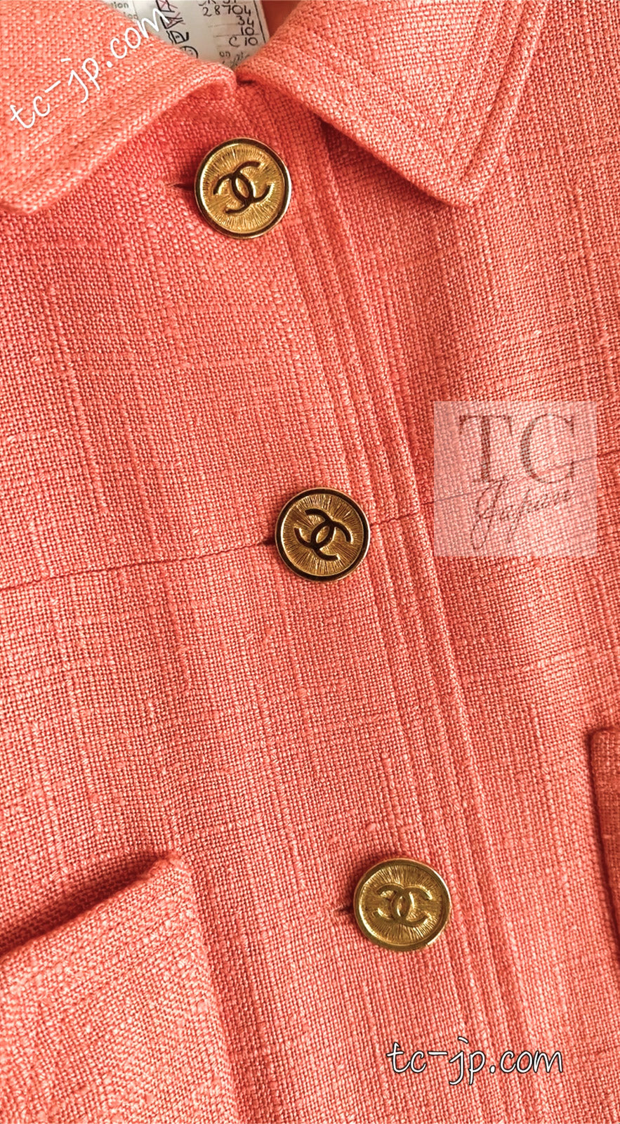 CHANEL 91C Vintage Apricot Gold Button Cotton Jacket Dress Setup 34 36 38 シャネル ヴィンテージ アプリコット CC ゴールド ボタン コットン ジャケット ワンピース セットアップ 即発