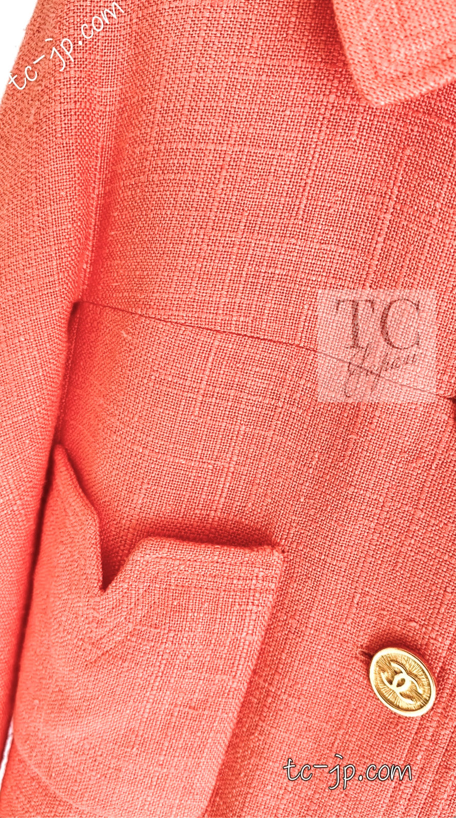 CHANEL 91C Vintage Apricot Gold Button Cotton Jacket Dress Setup 34 36 38 シャネル ヴィンテージ アプリコット CC ゴールド ボタン コットン ジャケット ワンピース セットアップ 即発