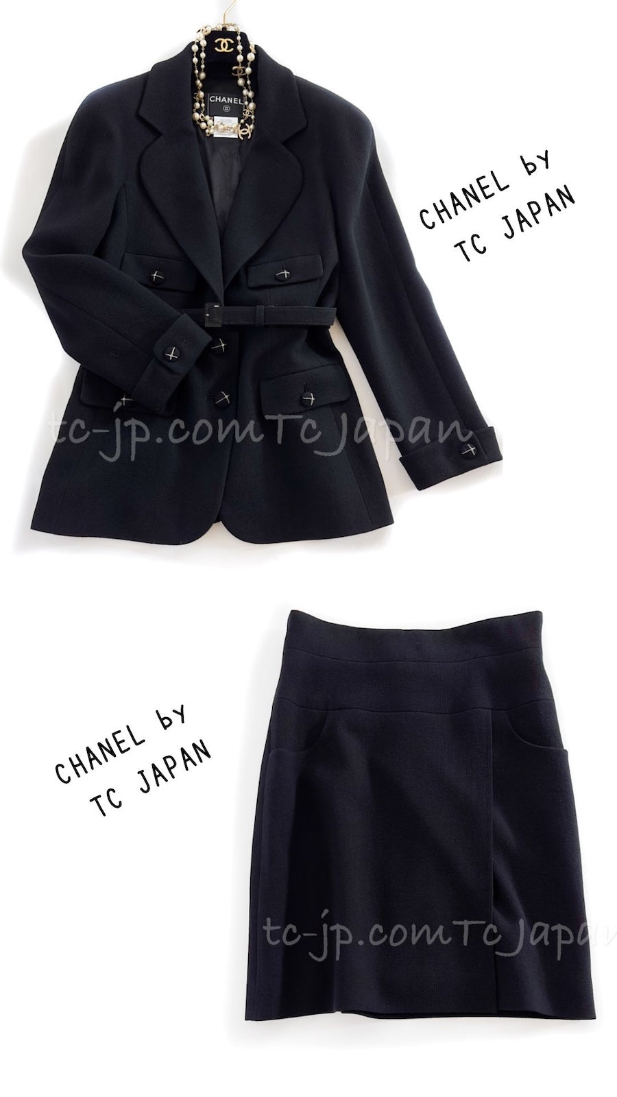 CHANEL 07A Black Wool Jacket Skirt Suit with Belt 44 46 シャネル ブラック ウール 100% ジャケット スカート スーツ ベルト付き 即発