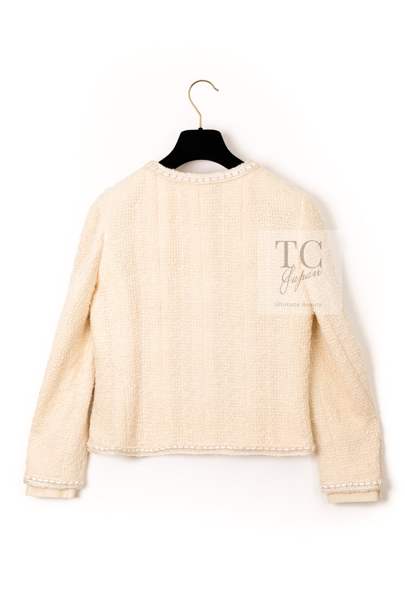 CHANEL 06PF Creme Ivory Wool Mohair Silk Gripoix Tweed Jacket 36 シャネル クリーム アイボリー ウール モヘア シルク グリポワ宝石ボタン ツイード ジャケット 即発