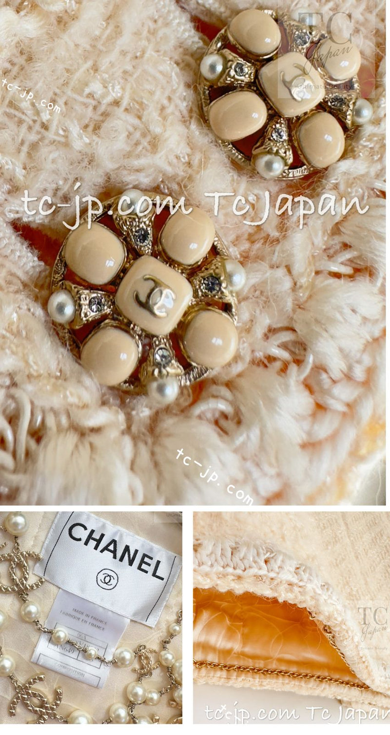 CHANEL 06PF Creme Ivory Wool Mohair Silk Gripoix Tweed Jacket 36 シャネル クリーム アイボリー ウール モヘア シルク グリポワ宝石ボタン ツイード ジャケット 即発