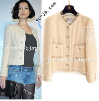 CHANEL 06PF Creme Ivory Wool Mohair Silk Gripoix Tweed Jacket 36 シャネル クリーム アイボリー ウール モヘア シルク グリポワ宝石ボタン ツイード ジャケット 即発