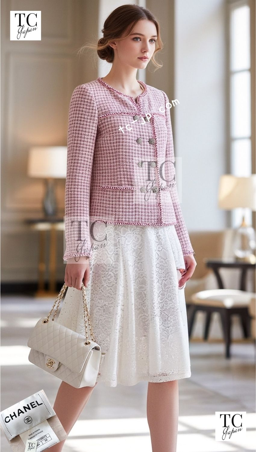 CHANEL 14S Pink White Cotton Collarless Double Jacket 34 シャネル ピンク ホワイト コットン ノーカラー ダブル ジャケット 即発