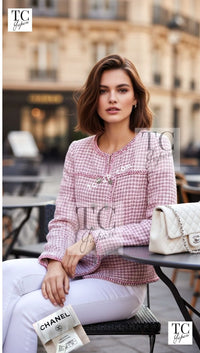 CHANEL 14S Pink White Cotton Collarless Double Jacket 34 シャネル ピンク ホワイト コットン ノーカラー ダブル ジャケット 即発