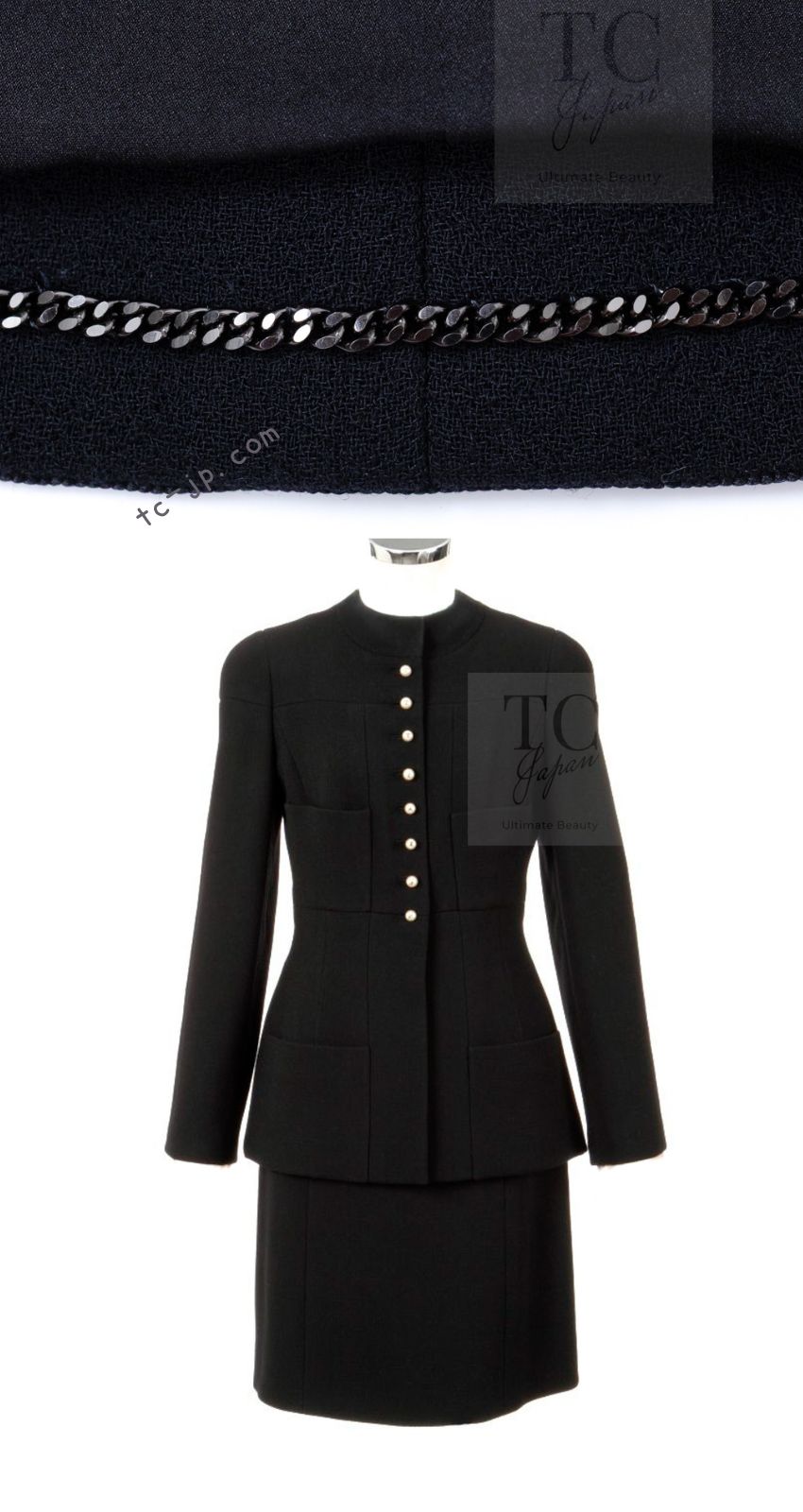 CHANEL 97A Vintage Black Pearl Buttons Stand Collar Wool Jacket Skirt Suit 40 シャネル ヴィンテージ ブラック パールボタン スタンド襟 ウール ジャケット スカート スーツ 即発