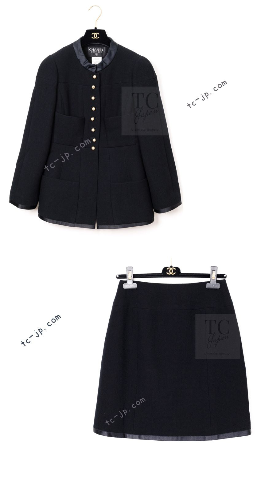 CHANEL 97A Vintage Black Pearl Buttons Stand Collar Wool Jacket Skirt Suit 40 シャネル ヴィンテージ ブラック パールボタン スタンド襟 ウール ジャケット スカート スーツ 即発