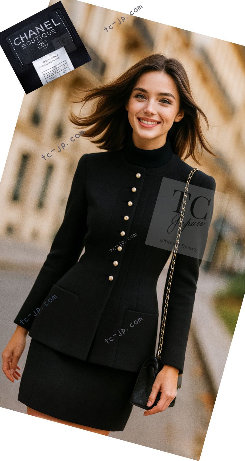 CHANEL 97A Vintage Black Pearl Buttons Stand Collar Wool Jacket Skirt Suit 40 シャネル ヴィンテージ ブラック パールボタン スタンド襟 ウール ジャケット スカート スーツ 即発 - TC JAPAN