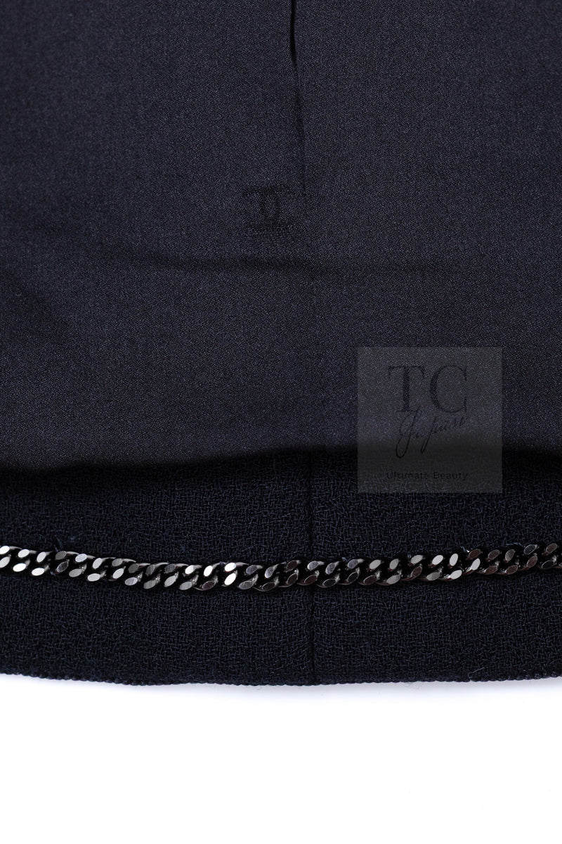 CHANEL 97A Vintage Black Pearl Buttons Stand Collar Wool Jacket Skirt Suit 40 シャネル ヴィンテージ ブラック パールボタン スタンド襟 ウール ジャケット スカート スーツ 即発