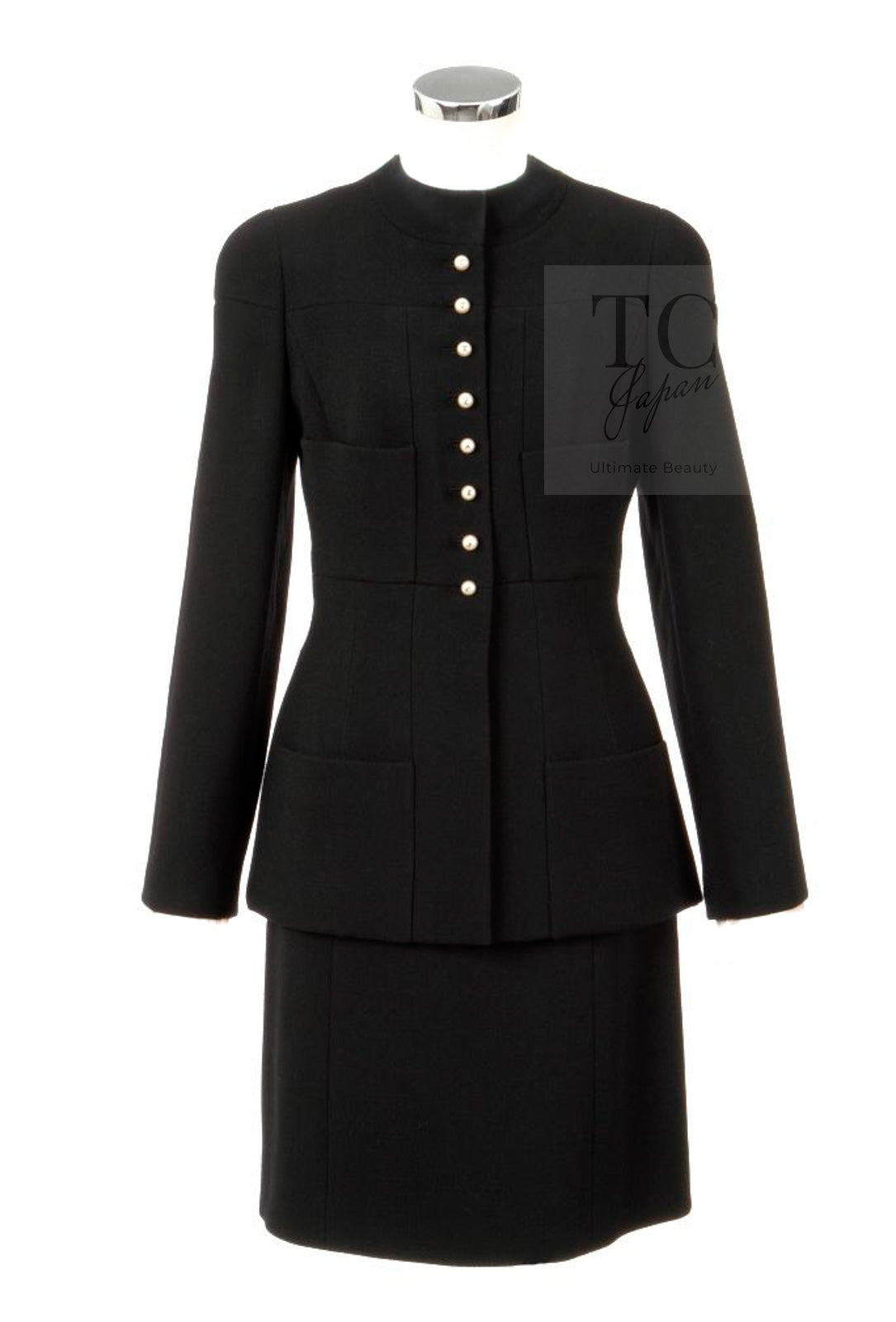 CHANEL 97A Vintage Black Pearl Buttons Stand Collar Wool Jacket Skirt Suit 40 シャネル ヴィンテージ ブラック パールボタン スタンド襟 ウール ジャケット スカート スーツ 即発