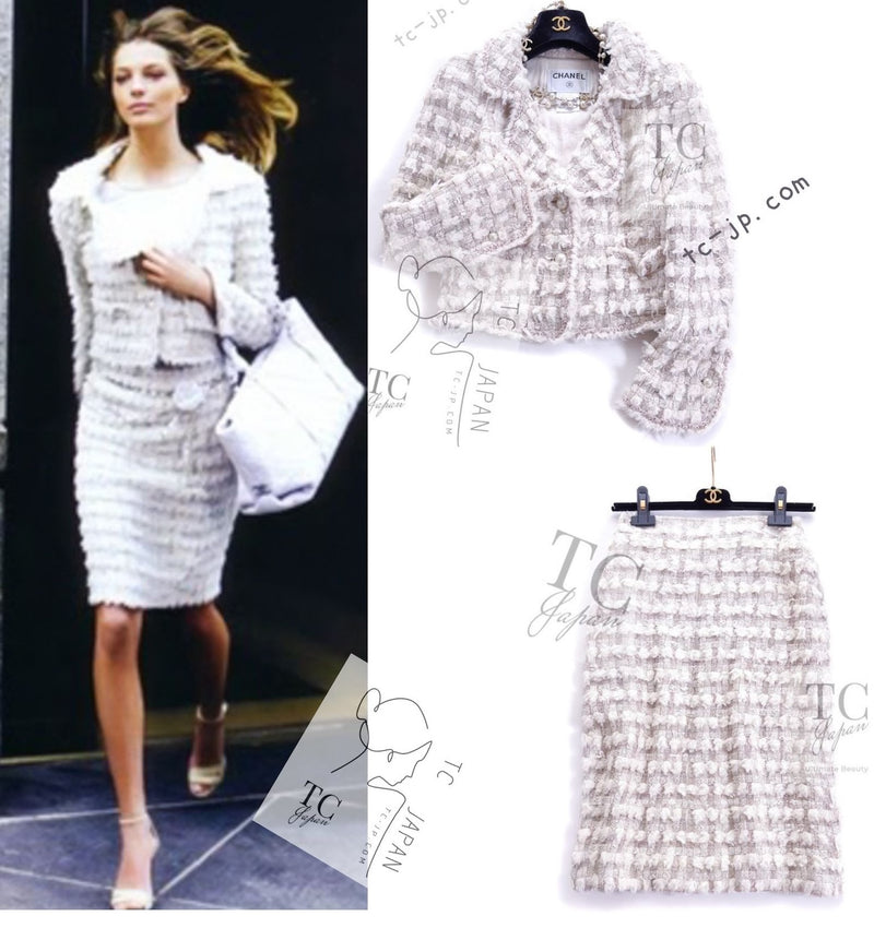 CHANEL 05A Ivory Wool Tweed Jacket Skirt Suit 38 シャネル モナコ王妃 アイボリー ウール ツイード ジャケット スカート スーツ 即発