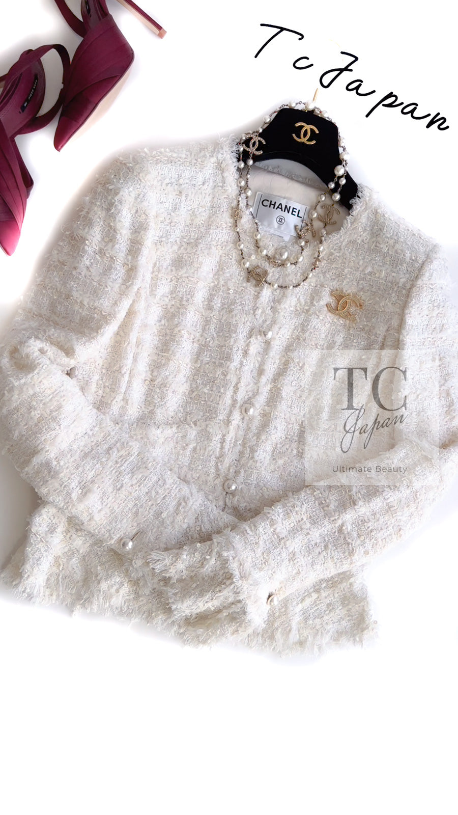 CHANEL 05S Ivory White Pearl Buttons Lesage Tweed Jacket Skirt Suit 40 42 シャネル アイボリー ホワイト パール CC ボタン ルサージュ ツイード ジャケット スカート スーツ 即発