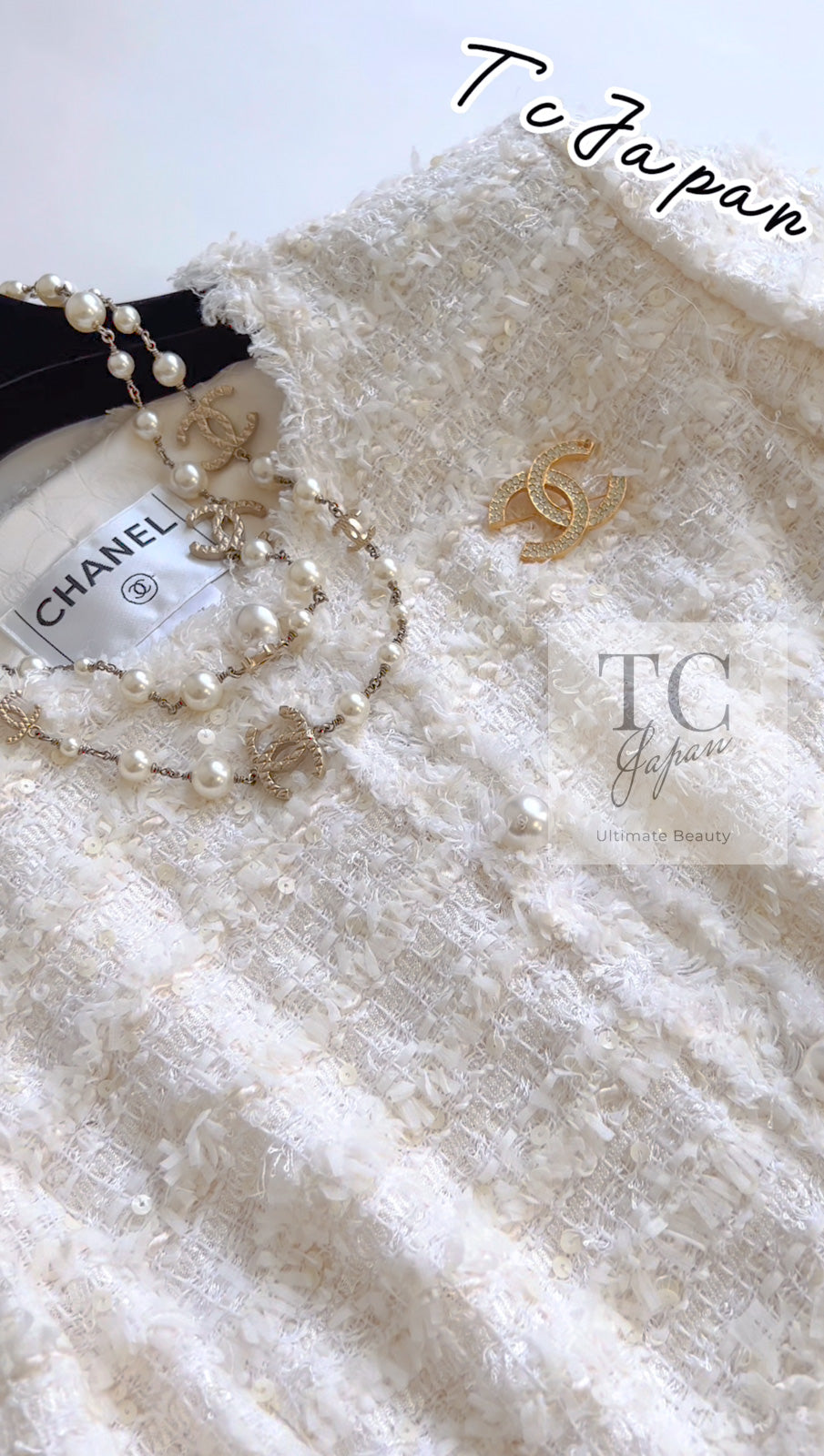 CHANEL 05S Ivory White Pearl Buttons Lesage Tweed Jacket Skirt Suit 36 40 42 シャネル アイボリー ホワイト パール CC ボタン ルサージュ ツイード ジャケット スカート スーツ 即発