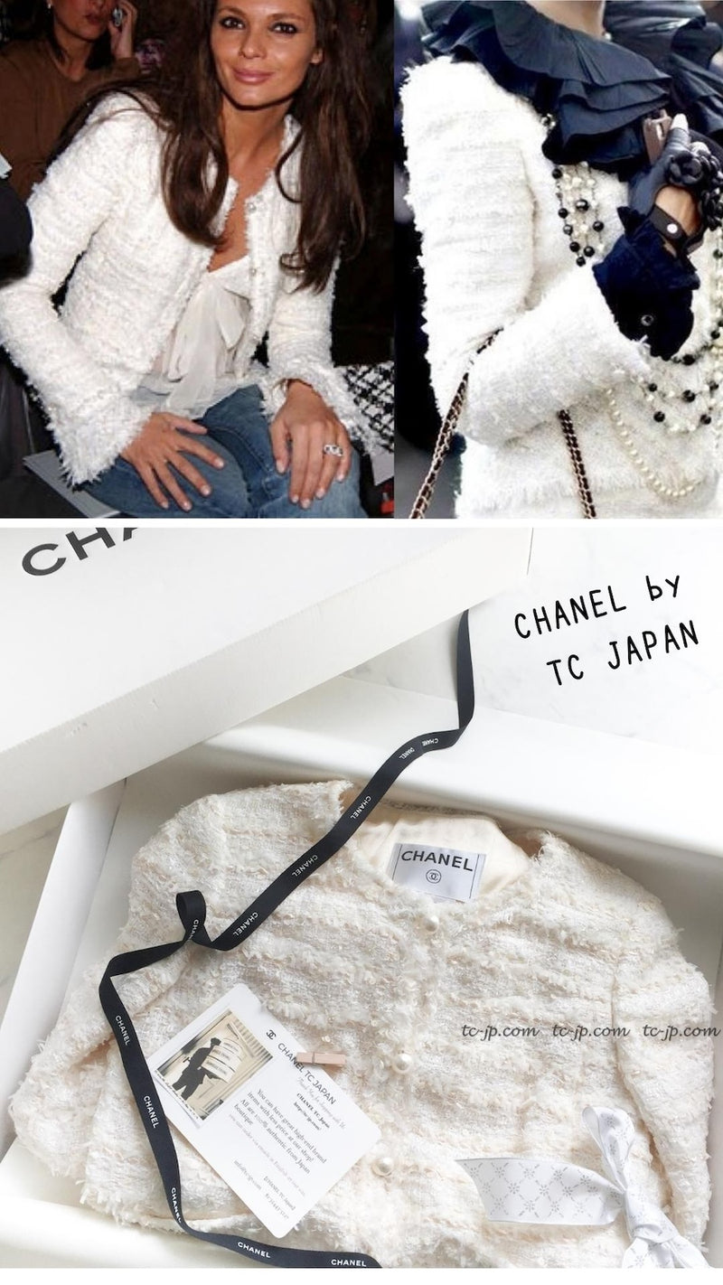 CHANEL 05S Ivory White Pearl Buttons Lesage Tweed Jacket Skirt Suit 40 42 シャネル アイボリー ホワイト パール CC ボタン ルサージュ ツイード ジャケット スカート スーツ 即発
