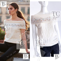 CHANEL 12C Ivory Cashmere 100% Swarovski Sleeveless Knit Sweater 36 38 シャネル スワロフスキー カシミア ノースリーブ ニット セーター 即発