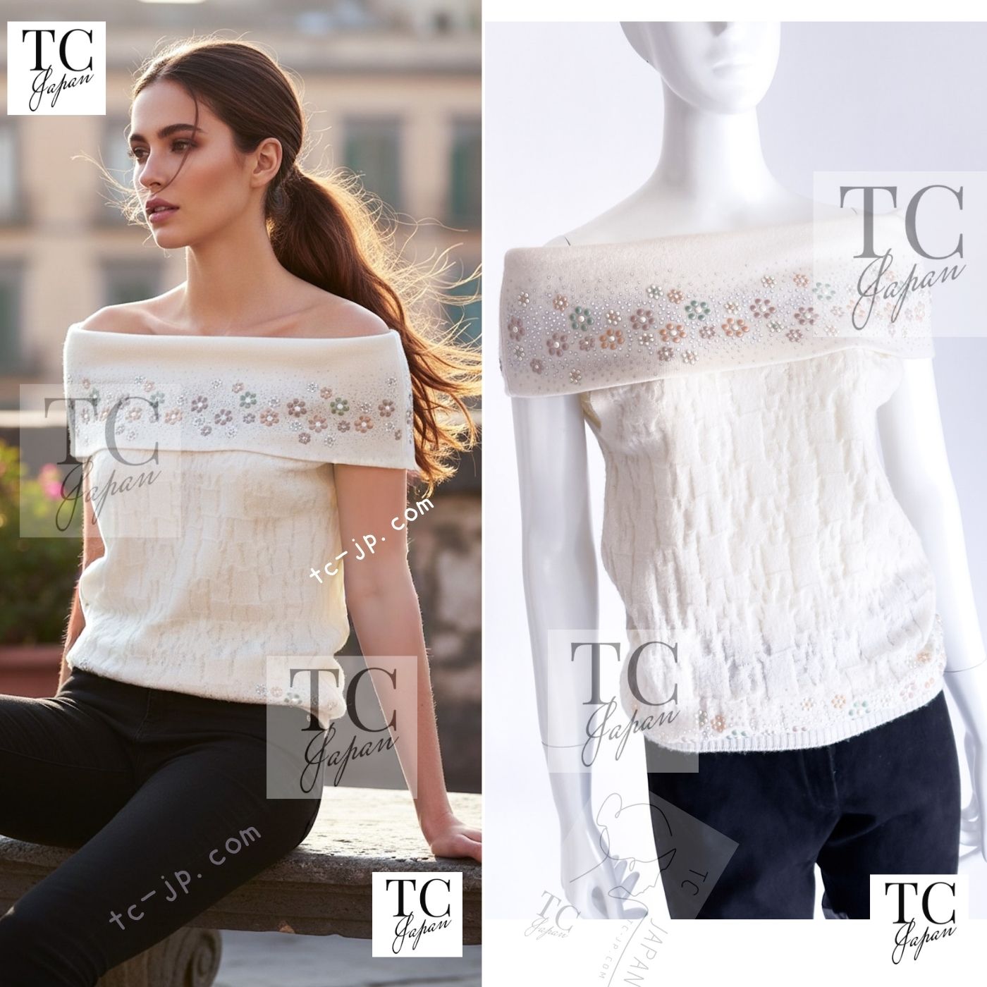 CHANEL 12C Ivory Cashmere 100% Swarovski Sleeveless Knit Sweater 36 38 シャネル スワロフスキー カシミア ノースリーブ ニット セーター 即発