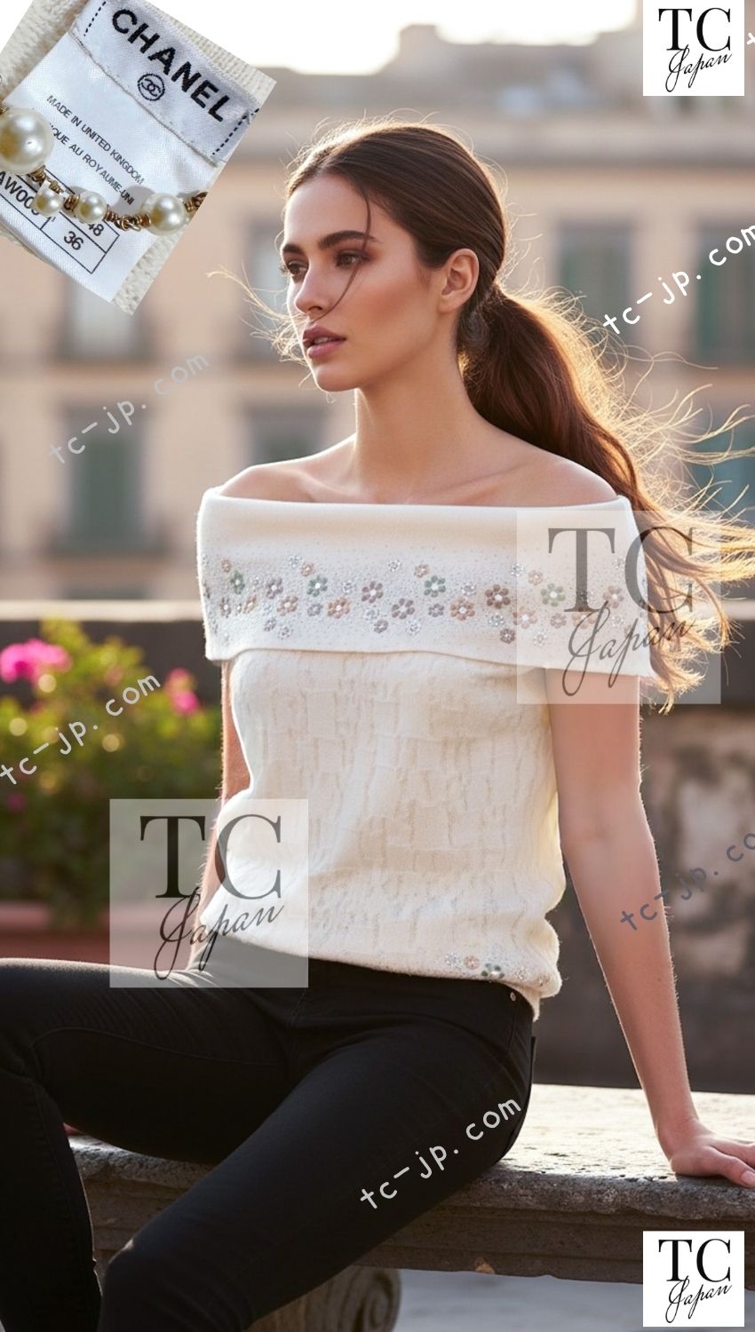 CHANEL 12C Ivory Cashmere 100% Swarovski Sleeveless Knit Sweater 36 38 シャネル スワロフスキー カシミア ノースリーブ ニット セーター 即発
