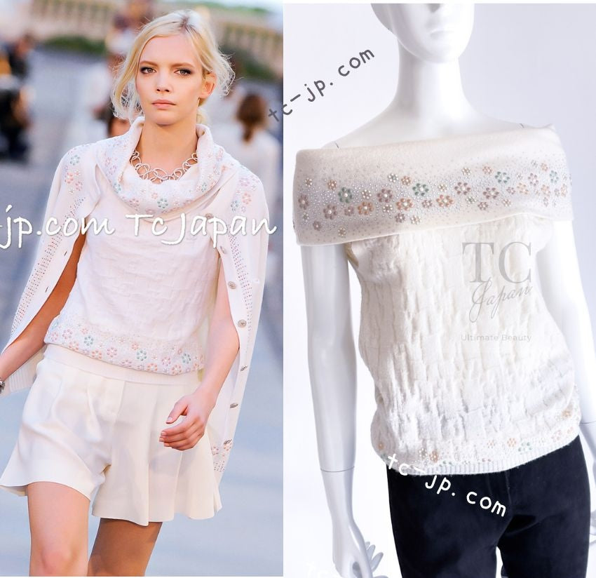 CHANEL 12C Ivory Cashmere 100% Swarovski Sleeveless Knit Sweater 36 38 シャネル スワロフスキー カシミア ノースリーブ ニット セーター 即発