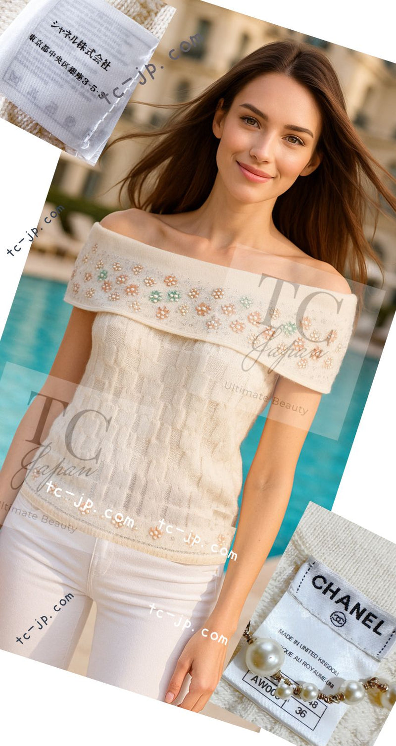 CHANEL 12C Ivory Cashmere 100% Swarovski Sleeveless Knit Sweater 36 38 シャネル スワロフスキー カシミア ノースリーブ ニット セーター 即発
