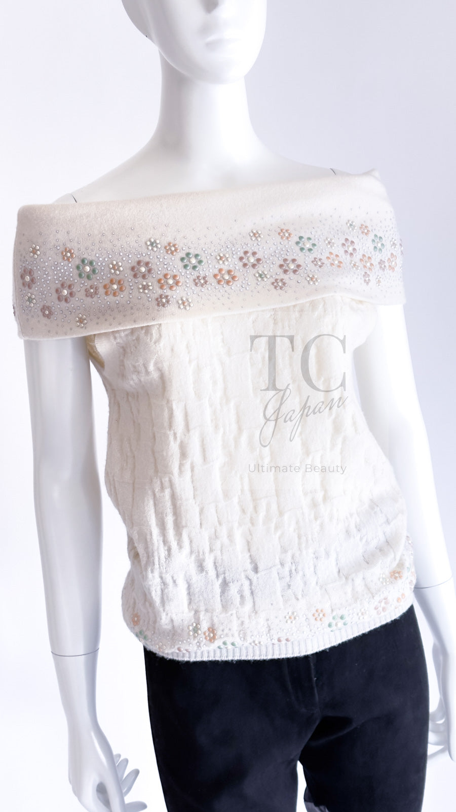 CHANEL 12C Ivory Cashmere 100% Swarovski Sleeveless Knit Sweater 36 38 シャネル スワロフスキー カシミア ノースリーブ ニット セーター 即発