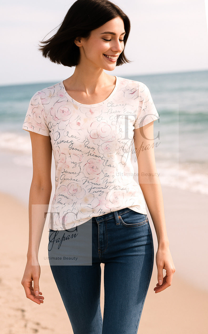 高い品質 シャネル Tシャツ トップス CHANEL アイボリー カメリア柄 トップス