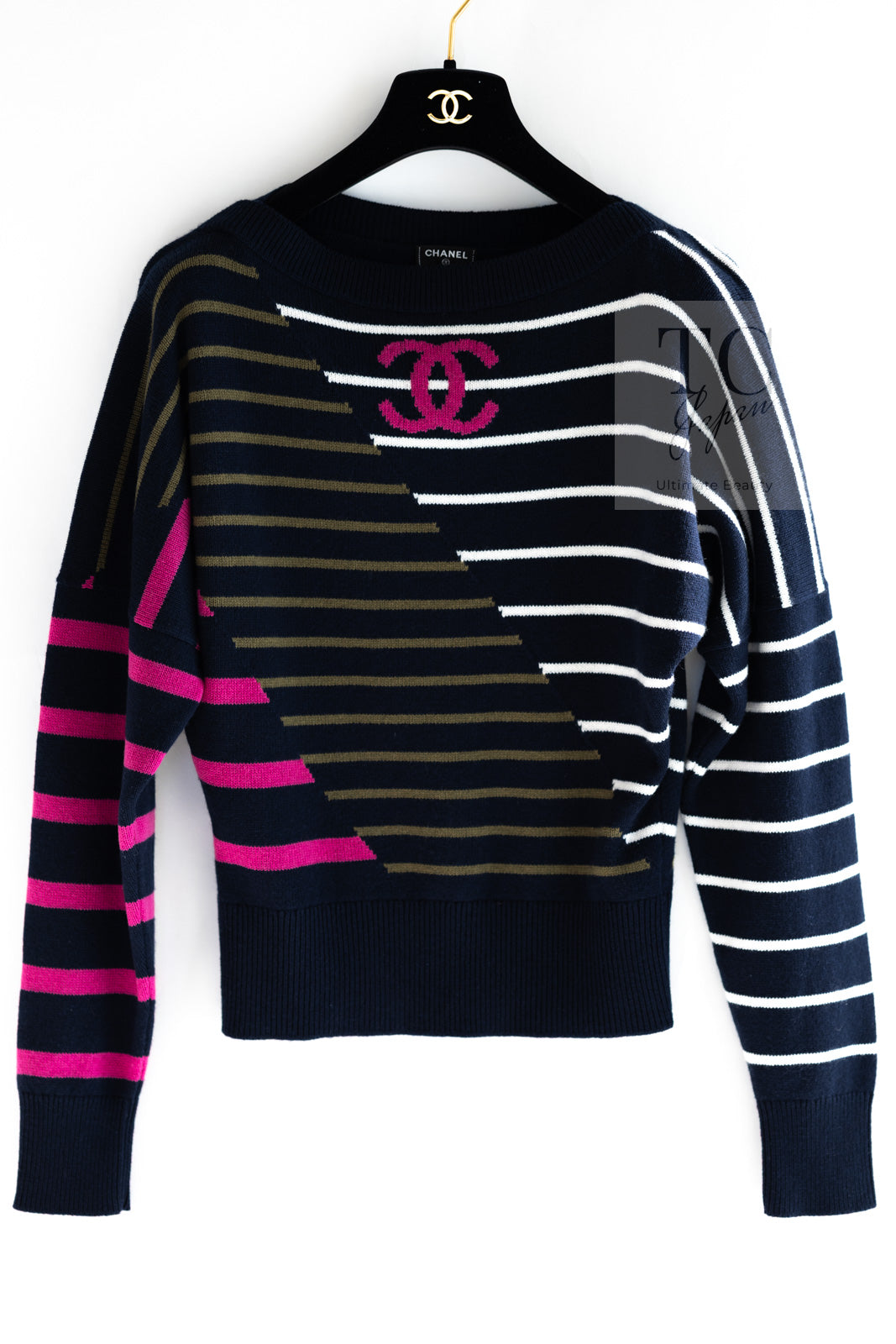 CHANEL 20C Dark Navy Fuchsia White CC Logo Cashmere Sweater 34 36 3