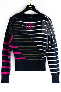 CHANEL 20C Dark Navy Fuchsia White CC Logo Cashmere Sweater 34 36 シャネル ダーク ネイビー マゼンタ ホワイト CC ロゴ カシミア セーター 即発
