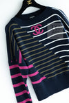 CHANEL 20C Dark Navy Fuchsia White CC Logo Cashmere Sweater 34 36 シャネル ダーク ネイビー マゼンタ ホワイト CC ロゴ カシミア セーター 即発