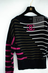 CHANEL 20C Dark Navy Fuchsia White CC Logo Cashmere Sweater 34 36 シャネル ダーク ネイビー マゼンタ ホワイト CC ロゴ カシミア セーター 即発