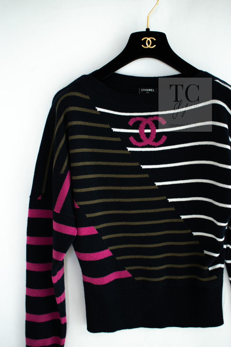 CHANEL 20C Dark Navy Fuchsia White CC Logo Cashmere Sweater 34 36 シャネル ダーク ネイビー マゼンタ ホワイト CC ロゴ カシミア セーター 即発