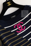 CHANEL 20C Dark Navy Fuchsia White CC Logo Cashmere Sweater 34 36 シャネル ダーク ネイビー マゼンタ ホワイト CC ロゴ カシミア セーター 即発