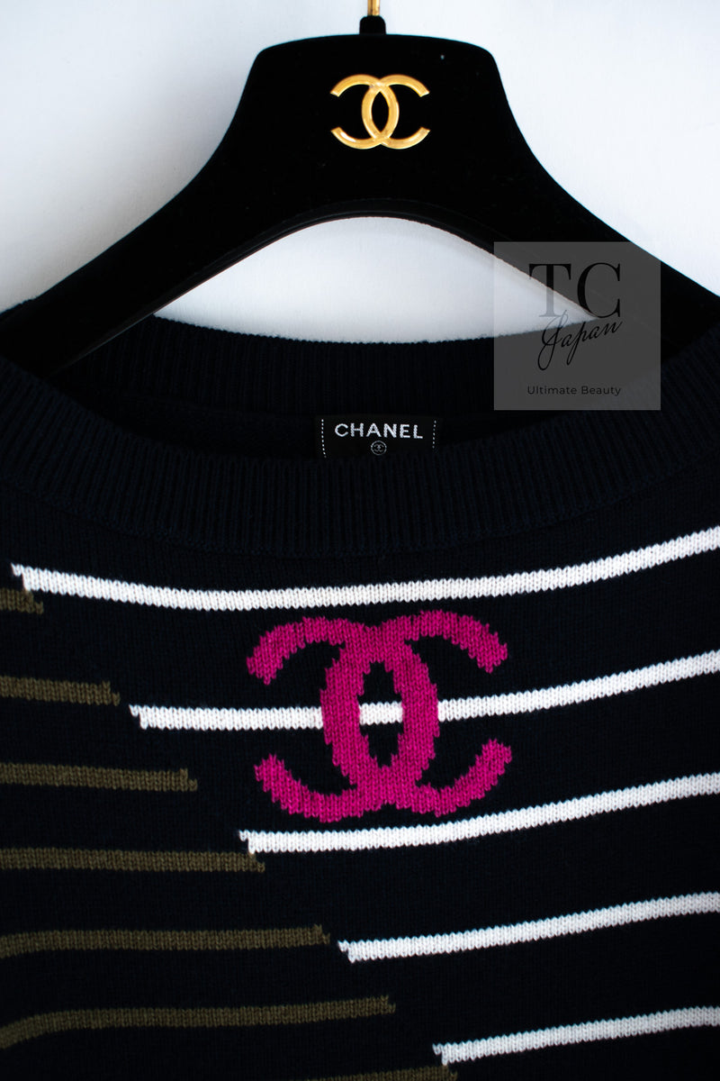 CHANEL 20C Dark Navy Fuchsia White CC Logo Cashmere Sweater 34 36 シャネル ダーク ネイビー マゼンタ ホワイト CC ロゴ カシミア セーター 即発