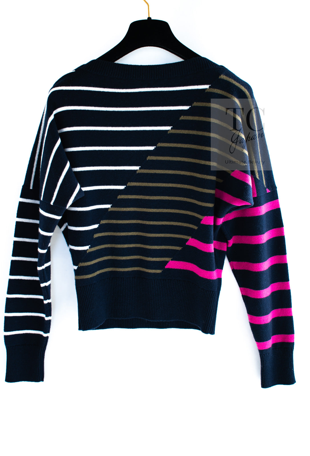 CHANEL 20C Dark Navy Fuchsia White CC Logo Cashmere Sweater 34 36 シャネル ダーク ネイビー マゼンタ ホワイト CC ロゴ カシミア セーター 即発