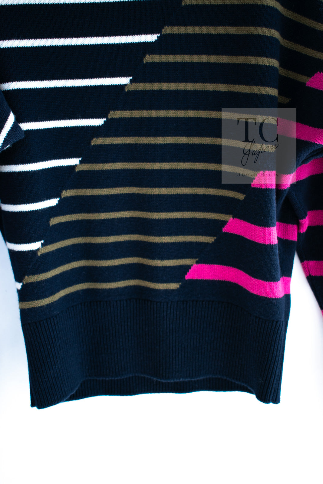 CHANEL 20C Dark Navy Fuchsia White CC Logo Cashmere Sweater 34 36 シャネル ダーク ネイビー マゼンタ ホワイト CC ロゴ カシミア セーター 即発