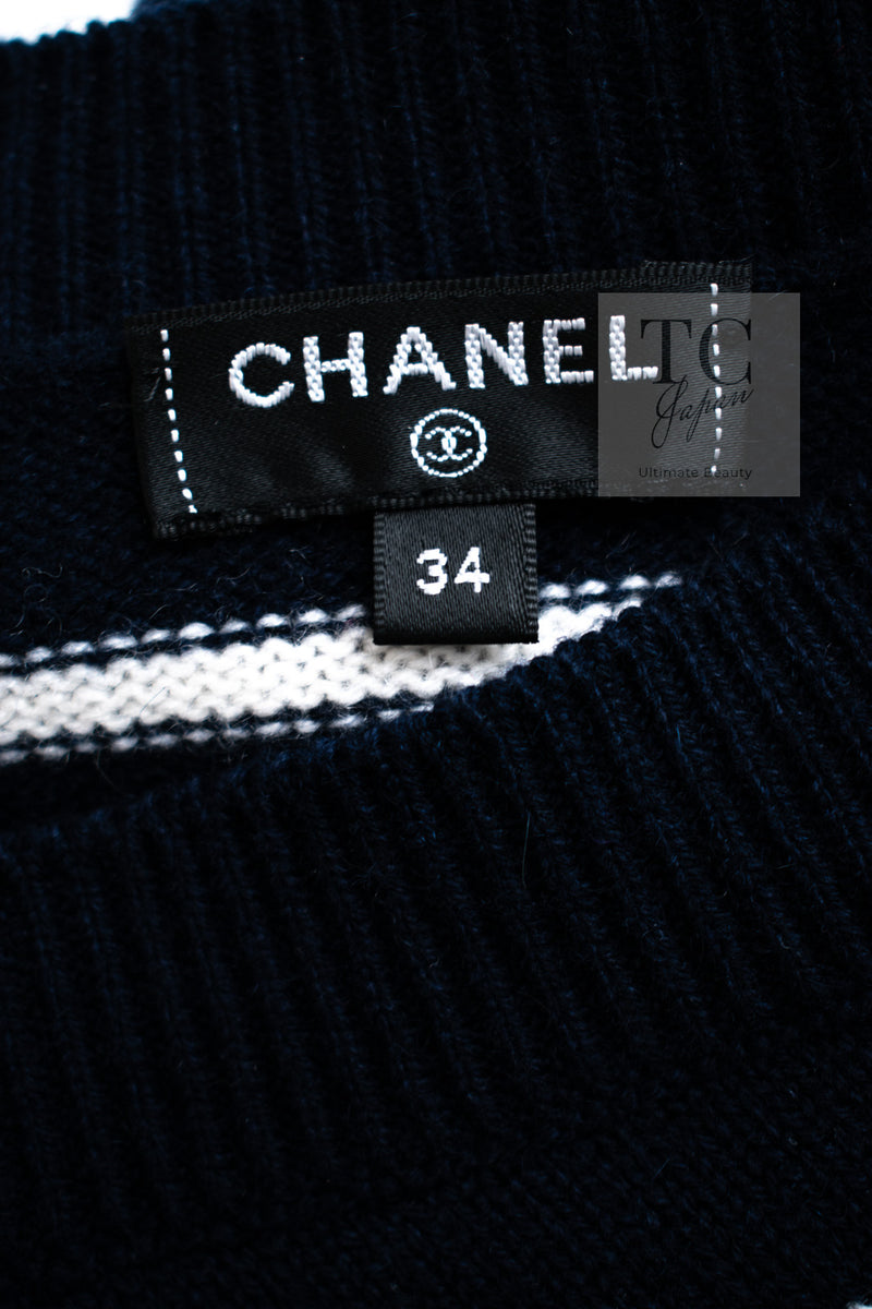 CHANEL 20C Dark Navy Fuchsia White CC Logo Cashmere Sweater 34 36 シャネル ダーク ネイビー マゼンタ ホワイト CC ロゴ カシミア セーター 即発