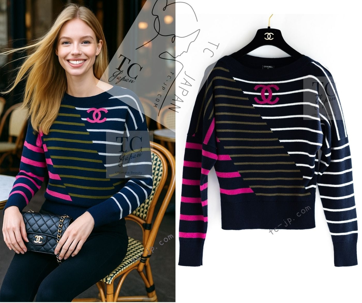 CHANEL 20C Dark Navy Fuchsia White CC Logo Cashmere Sweater 34 36 1