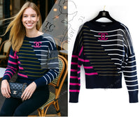 CHANEL 20C Dark Navy Fuchsia White CC Logo Cashmere Sweater 34 36 シャネル ダーク ネイビー マゼンタ ホワイト CC ロゴ カシミア セーター 即発