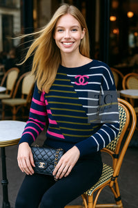 CHANEL 20C Dark Navy Fuchsia White CC Logo Cashmere Sweater 34 36 シャネル ダーク ネイビー マゼンタ ホワイト CC ロゴ カシミア セーター 即発