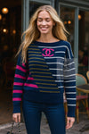 CHANEL 20C Dark Navy Fuchsia White CC Logo Cashmere Sweater 34 36 シャネル ダーク ネイビー マゼンタ ホワイト CC ロゴ カシミア セーター 即発