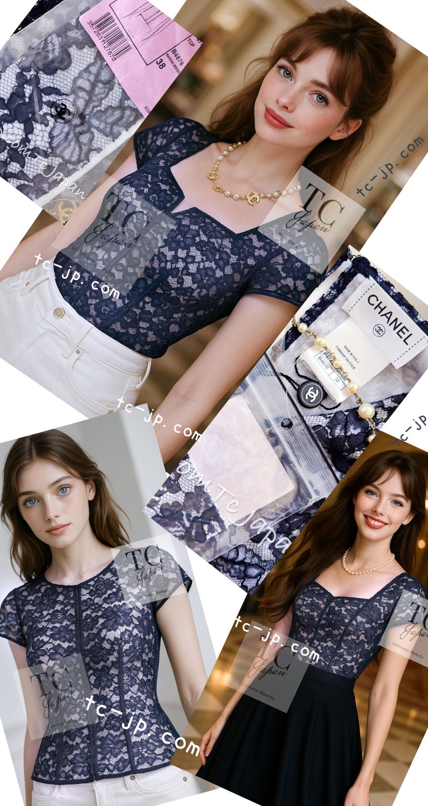 CHANEL 14C Navy White Camellia Lace Tops 38 シャネル ネイビー ホワイト カメリア レース トップス 即発
