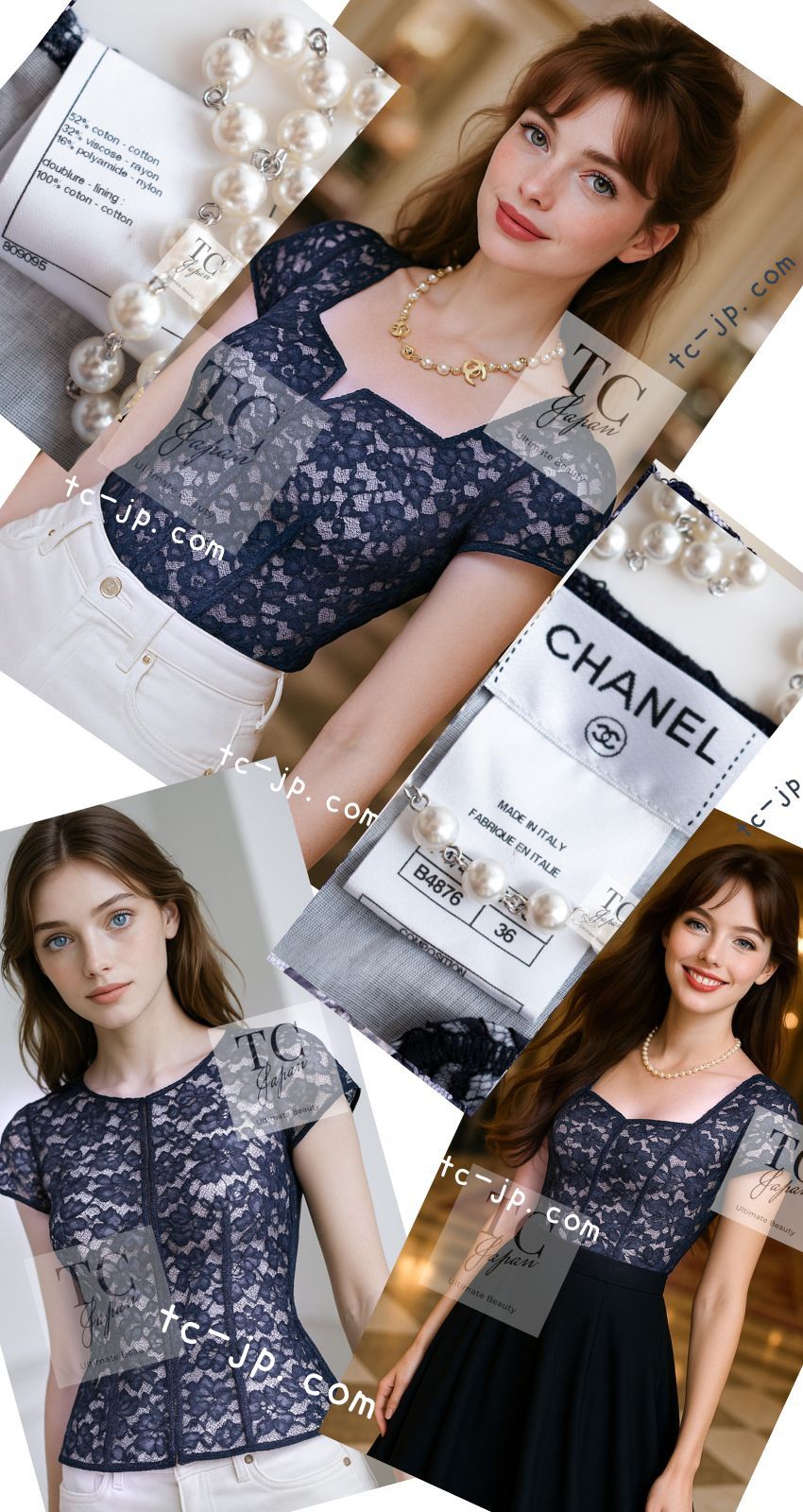 CHANEL 14C Navy White Camellia Lace Tops 36 シャネル ネイビー ホワイト カメリア レース トップス 即発