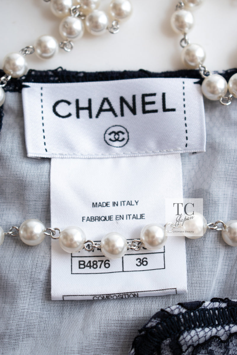 CHANEL 14C Navy White Camellia Lace Tops 36 シャネル ネイビー ホワイト カメリア レース トップス 即発