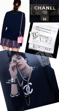 CHANEL 21PS Navy White CC Logo Cashmere Knit Sweater Tops 36 38 シャネル ネイビー ホワイト CC ココ マーク カシミア ニット トップス セーター 即発