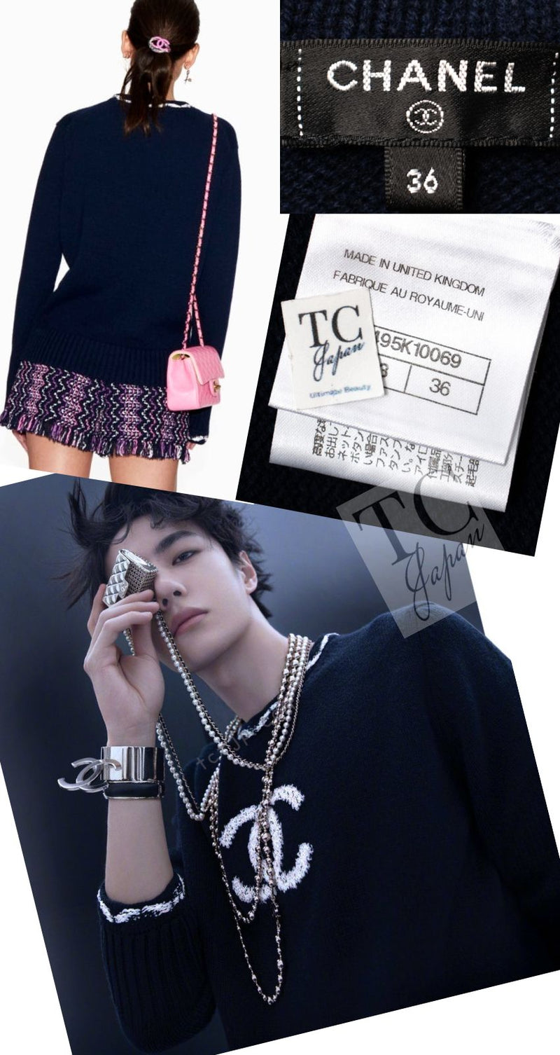 CHANEL 21PS Navy White CC Logo Cashmere Knit Sweater Tops 36 38 シャネル ネイビー ホワイト CC ココ マーク カシミア ニット トップス セーター 即発