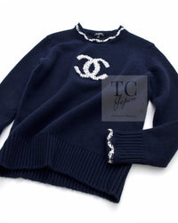 CHANEL 21PS Navy White CC Logo Cashmere Knit Sweater Tops 36 38 シャネル ネイビー ホワイト CC ココ マーク カシミア ニット トップス セーター 即発