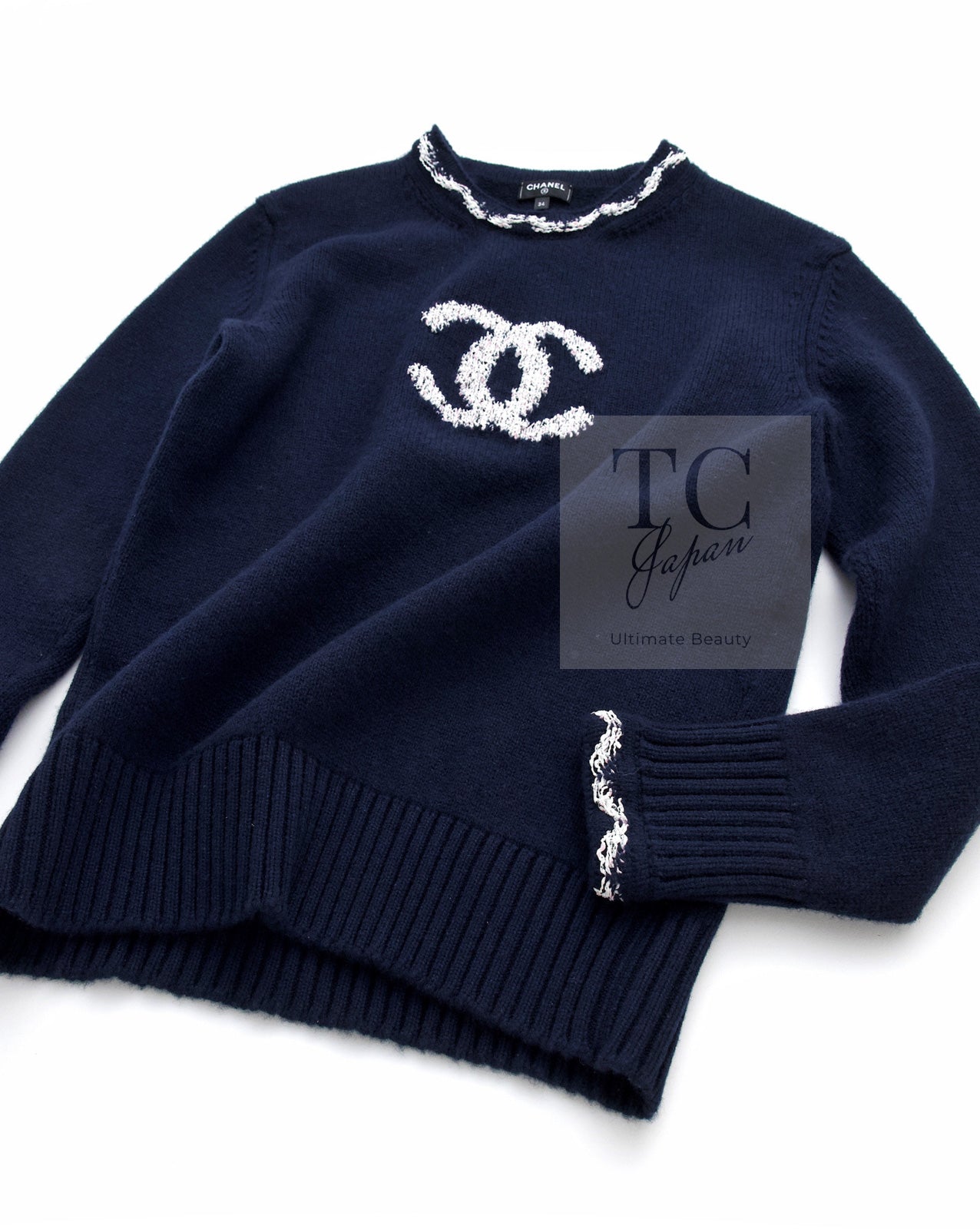CHANEL 21PS Navy White CC Logo Cashmere Knit Sweater Tops 36 38 シャネル ネイビー ホワイト CC ココ マーク カシミア ニット トップス セーター 即発
