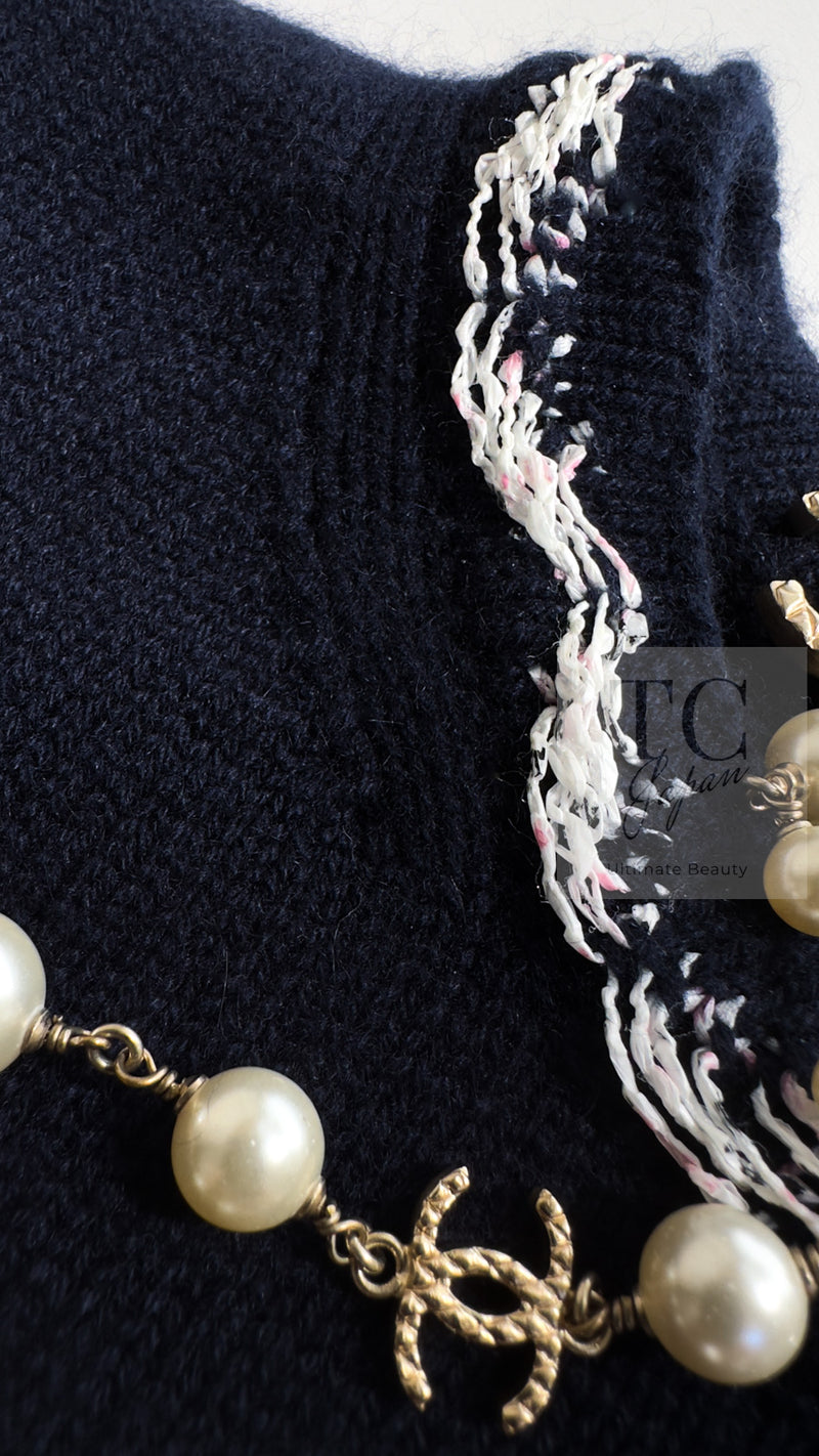CHANEL 21PS Navy White CC Logo Cashmere Knit Sweater Tops 36 38 シャネル ネイビー ホワイト CC ココ マーク カシミア ニット トップス セーター 即発