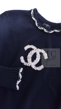 CHANEL 21PS Navy White CC Logo Cashmere Knit Sweater Tops 36 38 シャネル ネイビー ホワイト CC ココ マーク カシミア ニット トップス セーター 即発